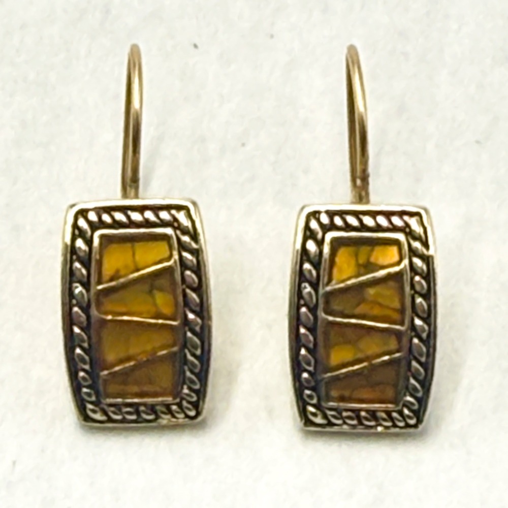 Vintage Monet Amber Brown Mosaic Inlay Gold Tone Dangle Earrings Signed